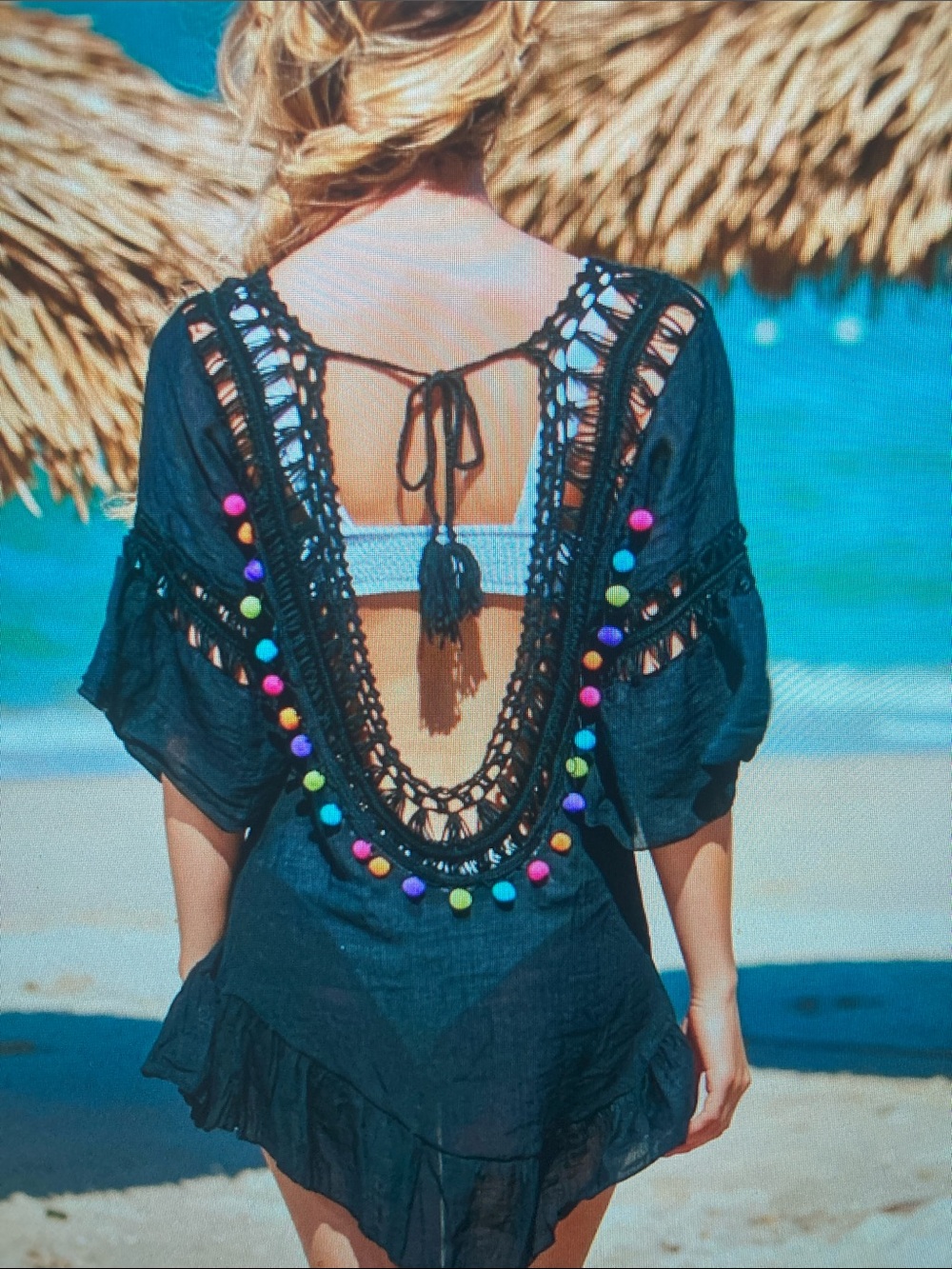 Black Crochet Open-Back Beach Cover-Up with Colorful Pom Poms